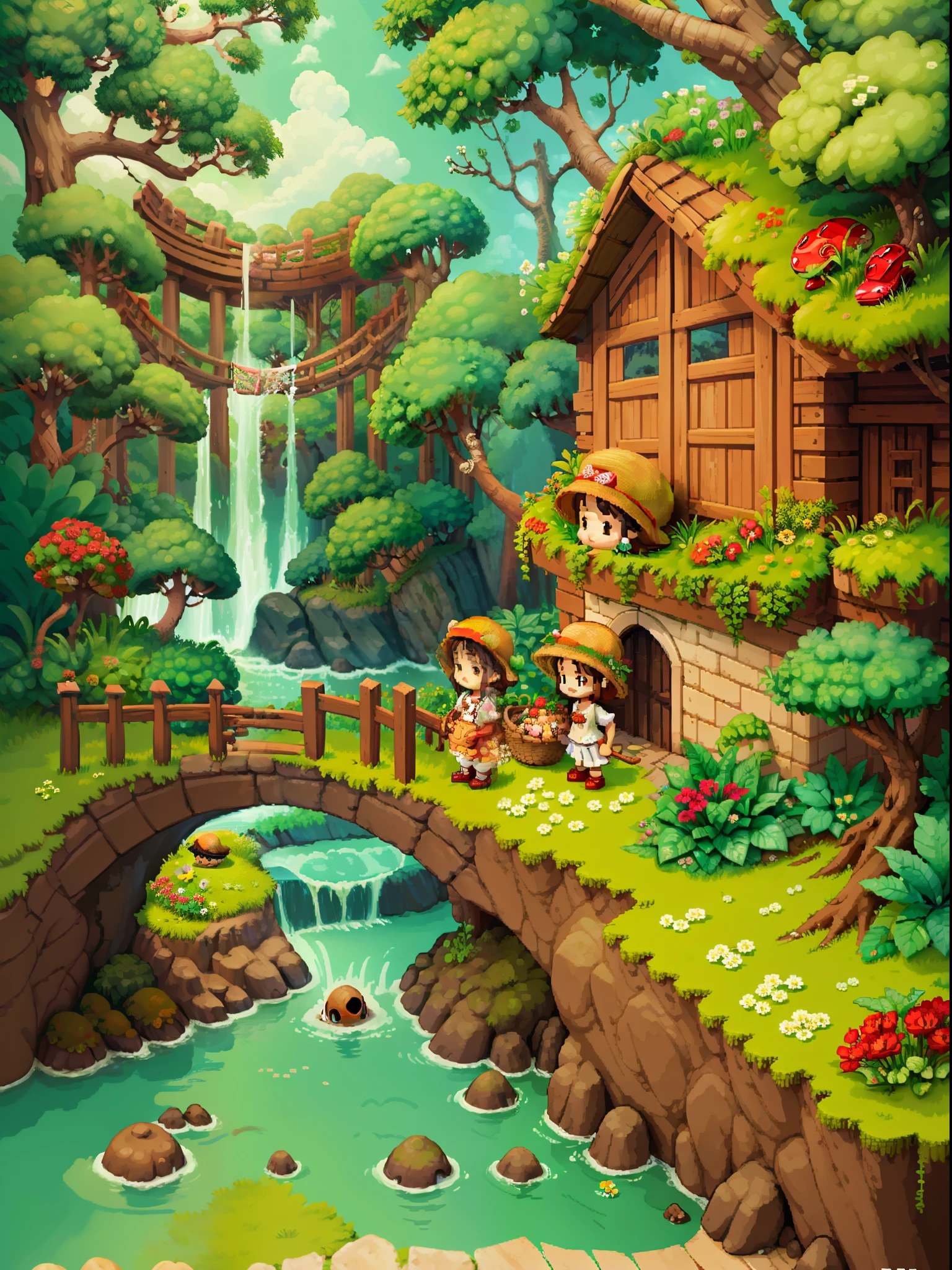 （Pixel art：1.4），Q version《Little girl with teddy bear》，Straw Hat Hat，basket，Floral dress，Little red leather shoes，The tree，river water，Flowers and plantushroom hut：1.2），Cogumelos