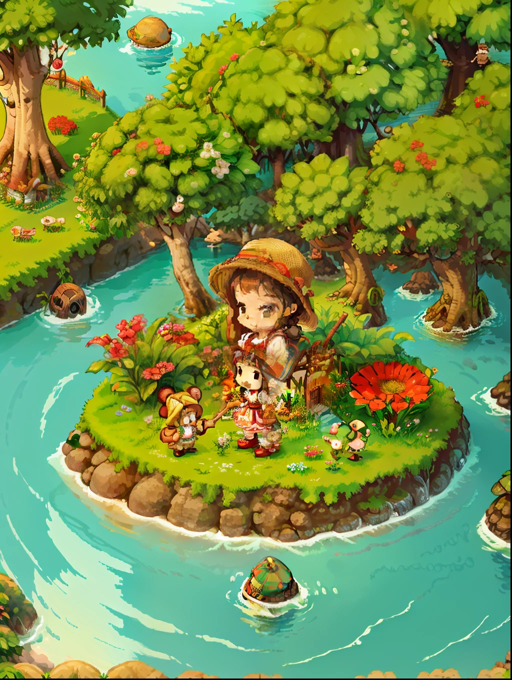 （Pixel art：1.4），Q version of the ，teddy bears，Straw Hat Hat，basket，Floral dress，Little red leather shoes，The tree，river water，Flowerushroom hut
