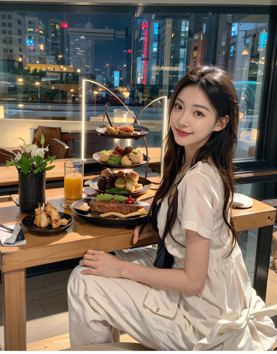 ，Masterpiece, Best quality，8k, Ultra-high resolution，Reallightandshadow，(beautidful eyes:1.1)，Beautuful Women，Sit at the table，A tray of food，short- sleeved，View from the window，nighttime scene