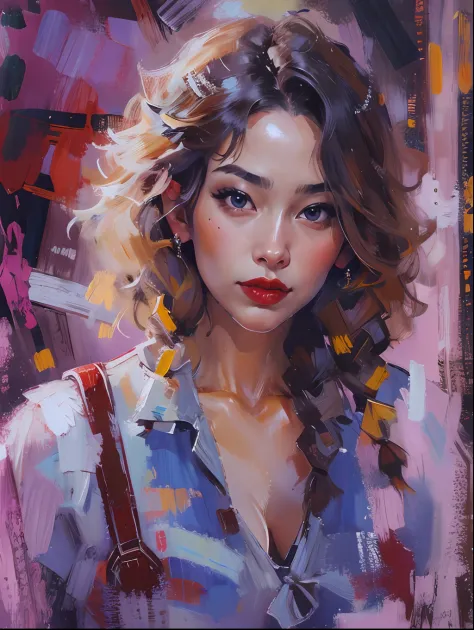 Modern Asian city，Beautiful girl，White color blouse，Denim suspenders，cabelos preto e longos，curlies，Twist braids，Sexy and seductive red lips，closeup cleavage，Close-up strengthened，portraitures，oil painted，inks，acrycle painting，tmasterpiece，Renaissance styl...