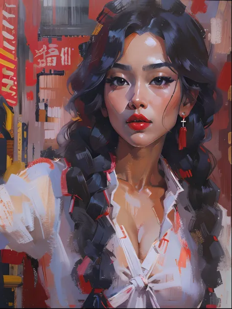 Modern Asian city，Beautiful girl，White color blouse，Denim suspenders，cabelos preto e longos，curlies，Twist braids，Sexy and seductive red lips，closeup cleavage，Close-up strengthened，portraitures，oil painted，inks，acrycle painting，tmasterpiece，Renaissance styl...