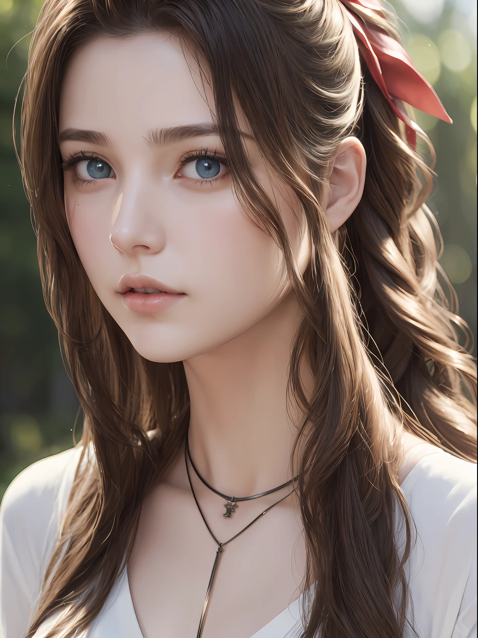 (masterpiece, best quality:1.4), (future days), (close-up), (looking to the viewer:1.5), (1girl), solo, (european youth:1), aerith gainsborough, choker, hair bow, very long hair, hair ribbons, hair flowers, hyperrealistic, high detailed skin, dslr, soft lighting, high quality, (highly detailed face:1.5), (highly detailed eyes:1.5), highly detailed skin, skin pores, subsurface scattering, realistic pupils, full face blush, full lips, detailed background, depth of field, volumetric lighting, sharp focus, absurdres, realistic proportions, good anatomy, (realistic, hyperrealistic:1.4), 16k hdr,