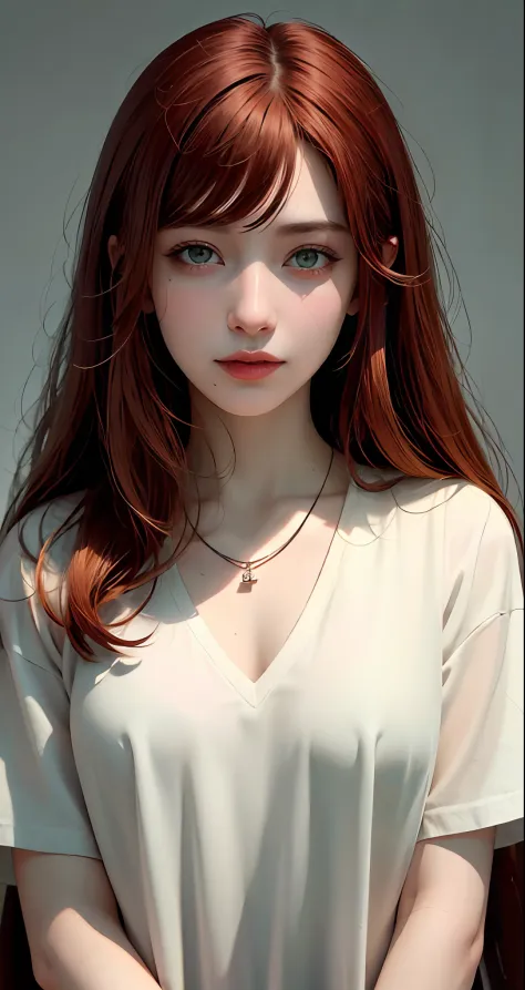 8k, RAW Photography, portlate, top-quality, 超A high resolution、piercings、Photorealsitic, 女の子1人, full bodyesbian, redhair, Green eyes、a necklace, a smile, eye lashes, 电影灯光, depth of fields, lensflare、The shirt