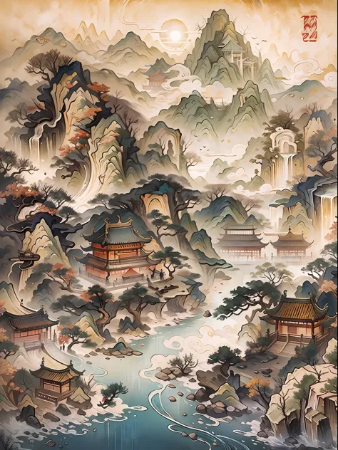 ancient chinese painting, ancient chinese background, mountains, river, auspicious clouds, pavilions, sunlight, masterpiece, super detail, epic composition, ultra hd, high quality, extremely detailed, official art, unified 8k wallpaper, super detail, 32k