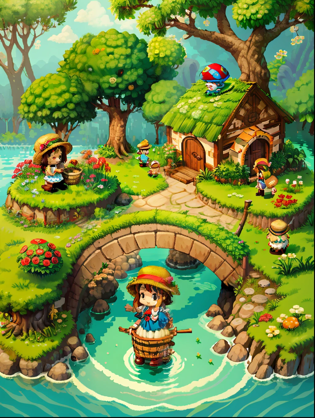 （Pixel art：1.4），Q version《Little girl with teddy bear》，Straw Hat Hat，basket，Floral dress，Little red leather shoes，The tree，small bridge flowing water，Flowers and plantushroom hut：1.2），Cogumelos