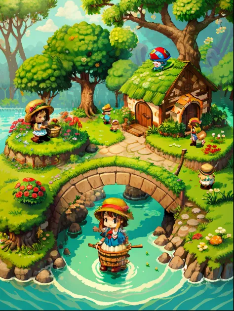 （Pixel art：1.4），Q version《Little girl with teddy bear》，Straw Hat Hat，basket，Floral dress，Little red leather shoes，The tree，small bridge flowing water，Flowers and plants，（Mushroom hut：1.2），Cogumelos