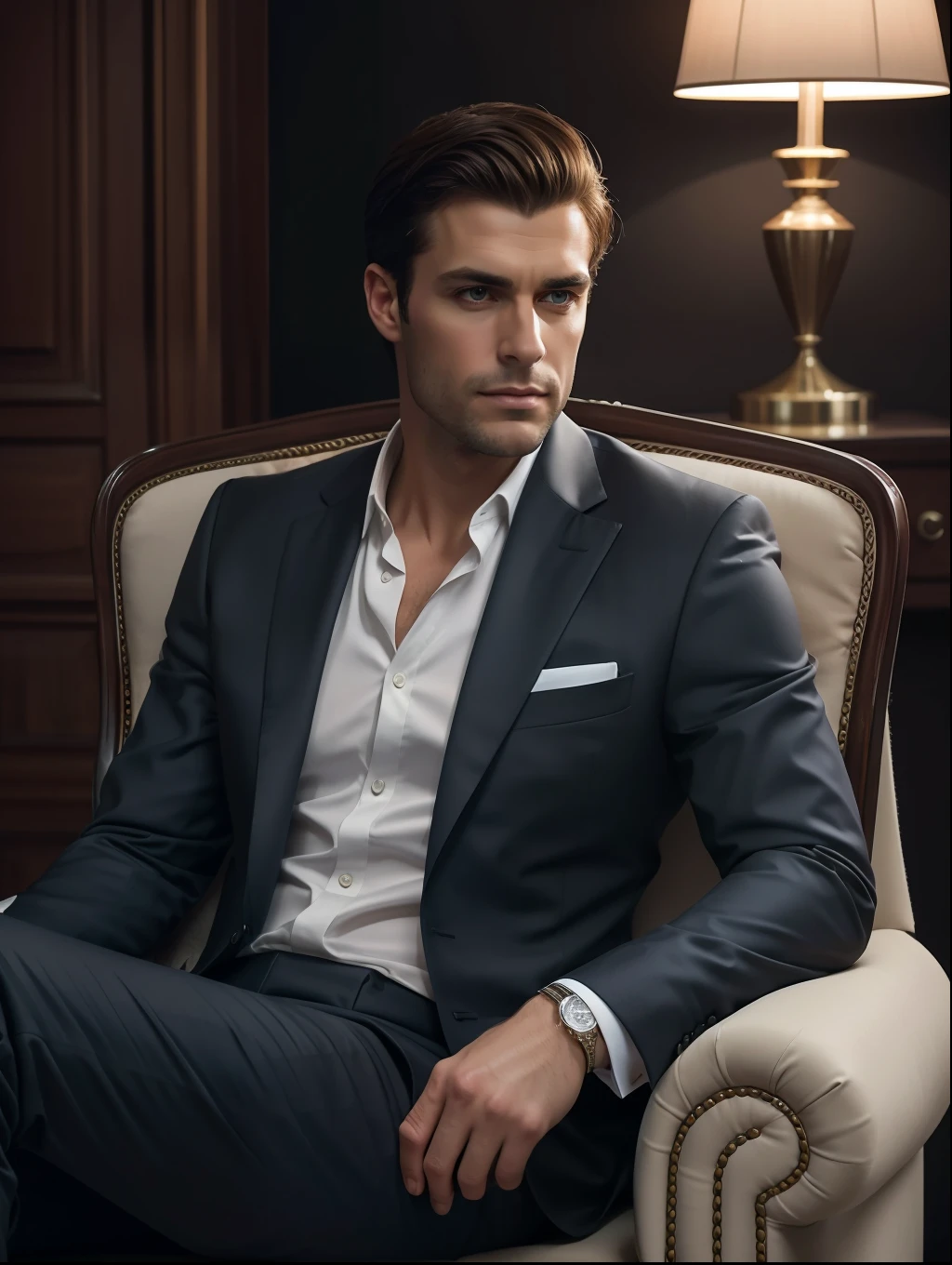 A professional photographic image of A handsome business man sitting comfortably in the armchair, wearing a sophisticated dark suit, looking directly at the camera, highlighting his expressive face and his elegance, highly detailed, elegant, DSLR, canon, pinterest, artstation, smooth, sharp focus, 8k,full shot, 105mm portrait lens,