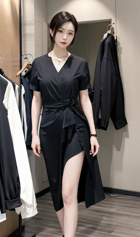 shift dresses，short- sleeved，Realistis，hyper realisitc，Display style，城市，slenderlegs，Chestless clothing，Raised sexy，work，校服，Women's suits，The kinky is exposed，Punk necklace，eye glass