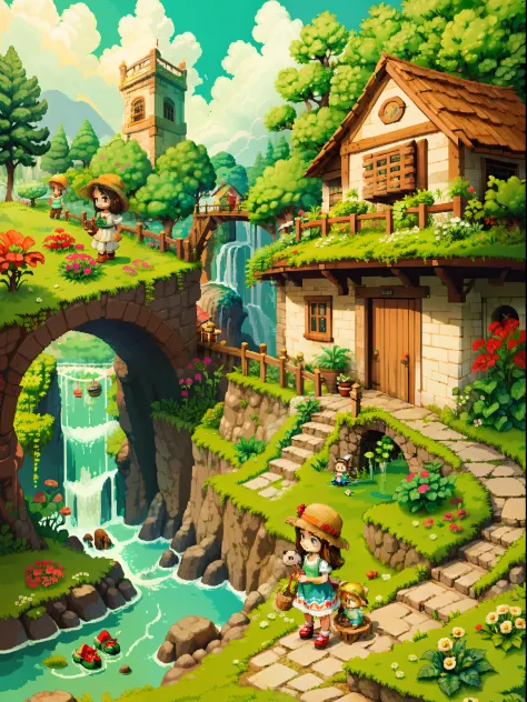 （Pixel art：1.4），Q version《Little girl with teddy bear》，Straw Hat Hat，basket，Floral dress，Little red leather shoes，The tree，small bridge flowing water，Flowers and plants，（Mushroom hut：1.4），Cogumelos