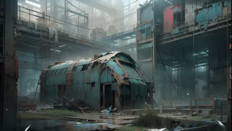 Dilapidated and abandoned space folding doors，In the background is a tall factory，Towering industrial buildings can be seen everywhere，Mist light，Low saturation，Cinematic shot-style，illusory engine，trending on artstationh，No Man，depth of fields，dense fog，r...