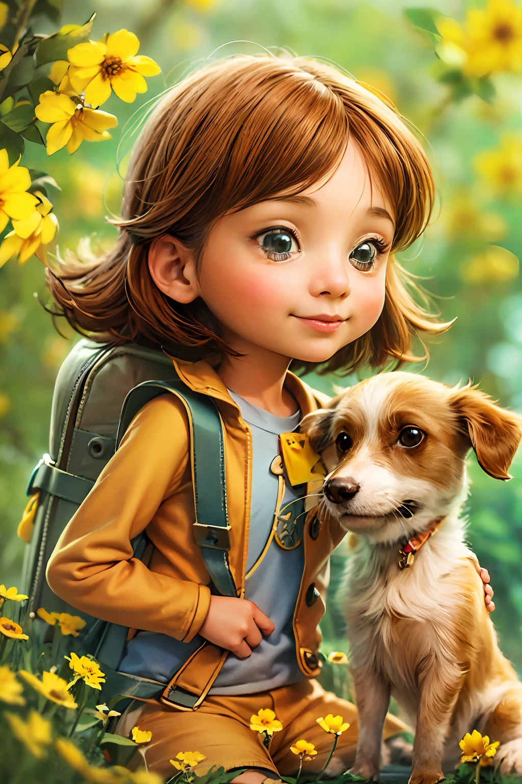 Eine sehr charmante Frau mit Rucksack und ihrem süßen kleinen Hund genießt einen schönen Frühlingsausflug umgeben von wunderschönen gelben Blumen und Natur. Die Illustration ist eine hochauflösende Illustration in 4K-Auflösung mit hochdetaillierten Gesichtszügen und Bildern im Cartoon-Stil