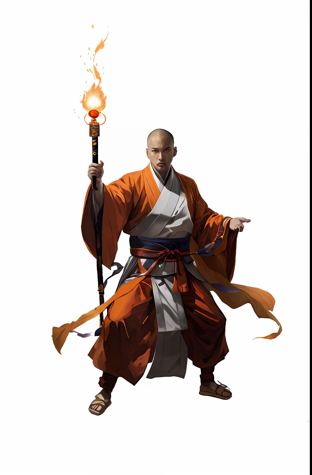 Alafed man in orange robe holding a firestick, concept art of a monk, taoist priest, Full body photo of male monk, fisting monk, Inspired by Zhao Mengfu, wearing flowing robes, Monk, Master of Taoism, inspired by Hu Zaobin, monks!!!!!!!!! fire, Daoism, heise jinyao