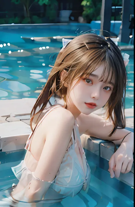 Beautiful pool、a hyperrealistic schoolgirl、Trending on CGSTATION, a hyperrealistic schoolgirl, trending at cgstation, Anime girl...
