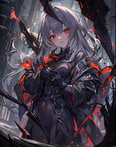 one-girl，Solo，tmasterpiece，Best quality at best，Gray hair，Red eyes，darkly，scyscraper，cel shadow，villain，sneering，Overlooking，black shadows，Viscous black liquid，shadowy，Black belly，Steady，Barefoot，Cold