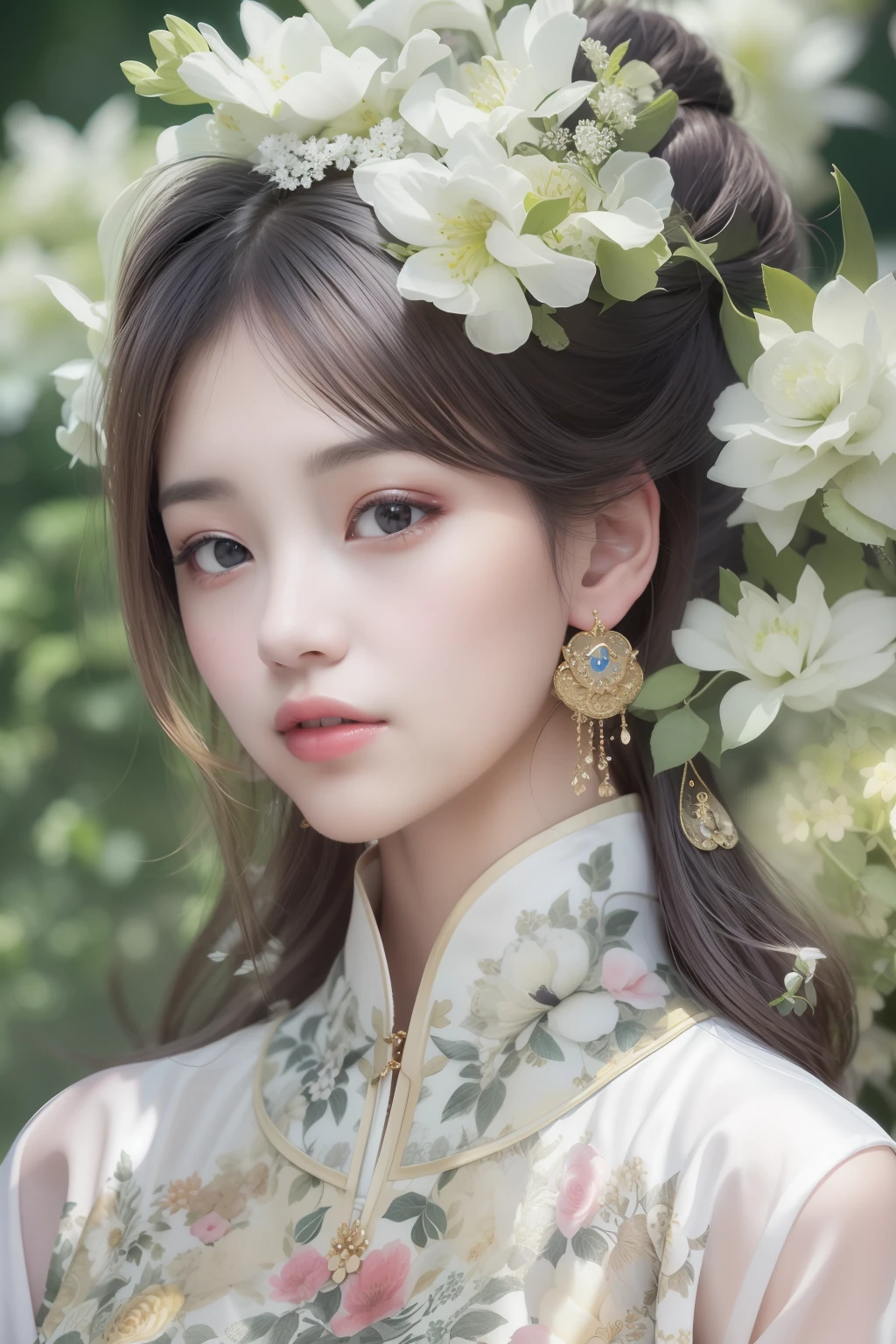 (surrealistic), (illustratio), (hight resolution), (8K), (ighly detailed), (The best illustrations), (beatiful detailed eyes), (top-quality), (ultra-detailliert), (​masterpiece), (wall-paper), (详细的脸),Photo of a woman wearing white ao dai with a floral pattern、top-quality、​masterpiece、(realisitic:1.2)