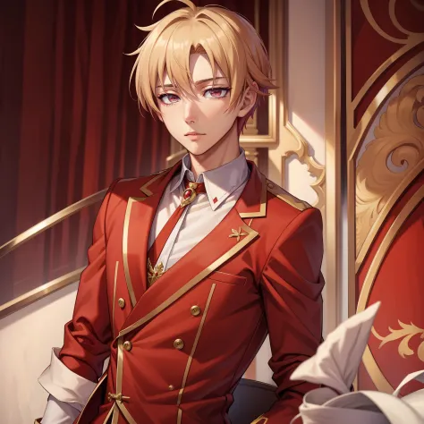 masterpiece, best quality, high quality, 1boy, solo, male focus, looking at viewer, beige-colored hair, crimson eyes, red royalt...