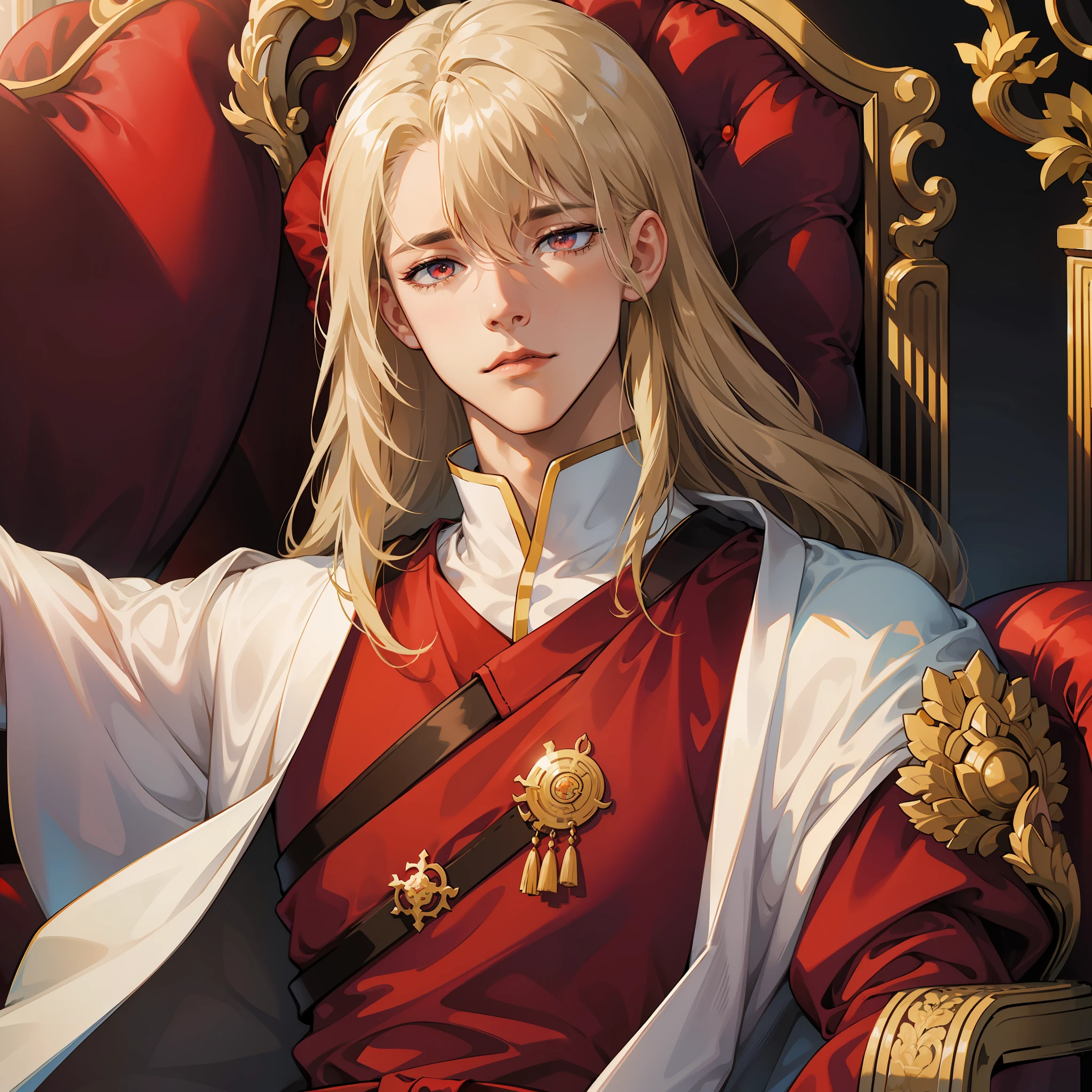 masterpiece, best quality, high quality, 1boy, solo, male focus, looking at viewer, beige-colored hair, crimson eyes, red royalty elegant prince clothes