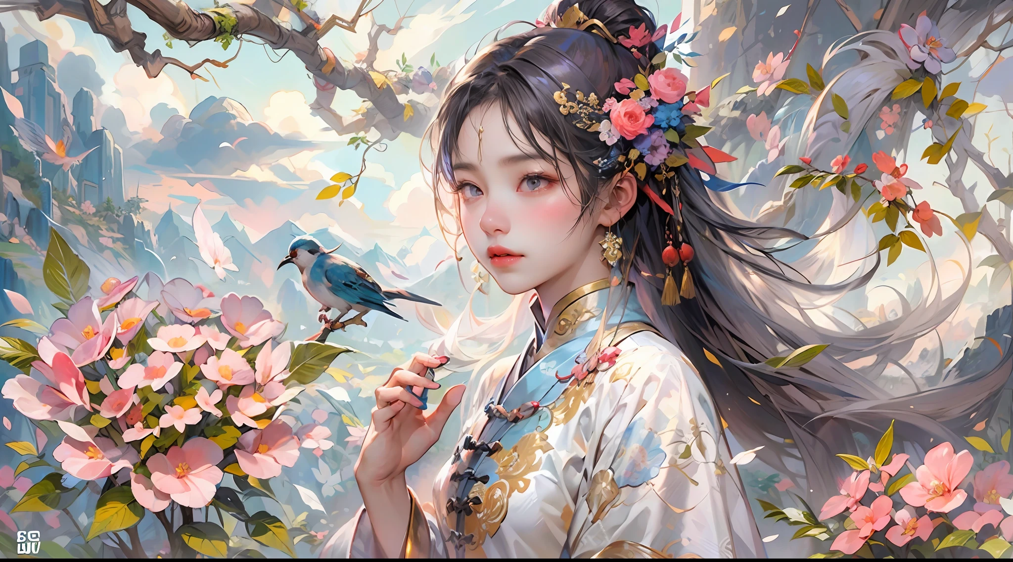 фреска с китайской девушкой,Красивые глаза,Танец,все тело,Китайская мифология,цветок,благоприятные облака,дерево,птица,нестандартный цвет,лококо,（высокое качество，чрезвычайно подробный，8К：1.5）