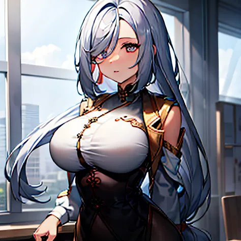 Shenhe is a tall woman with fair skin. She has long silver hair, darkening at the ends. The hair is parted in the middle. The ha...