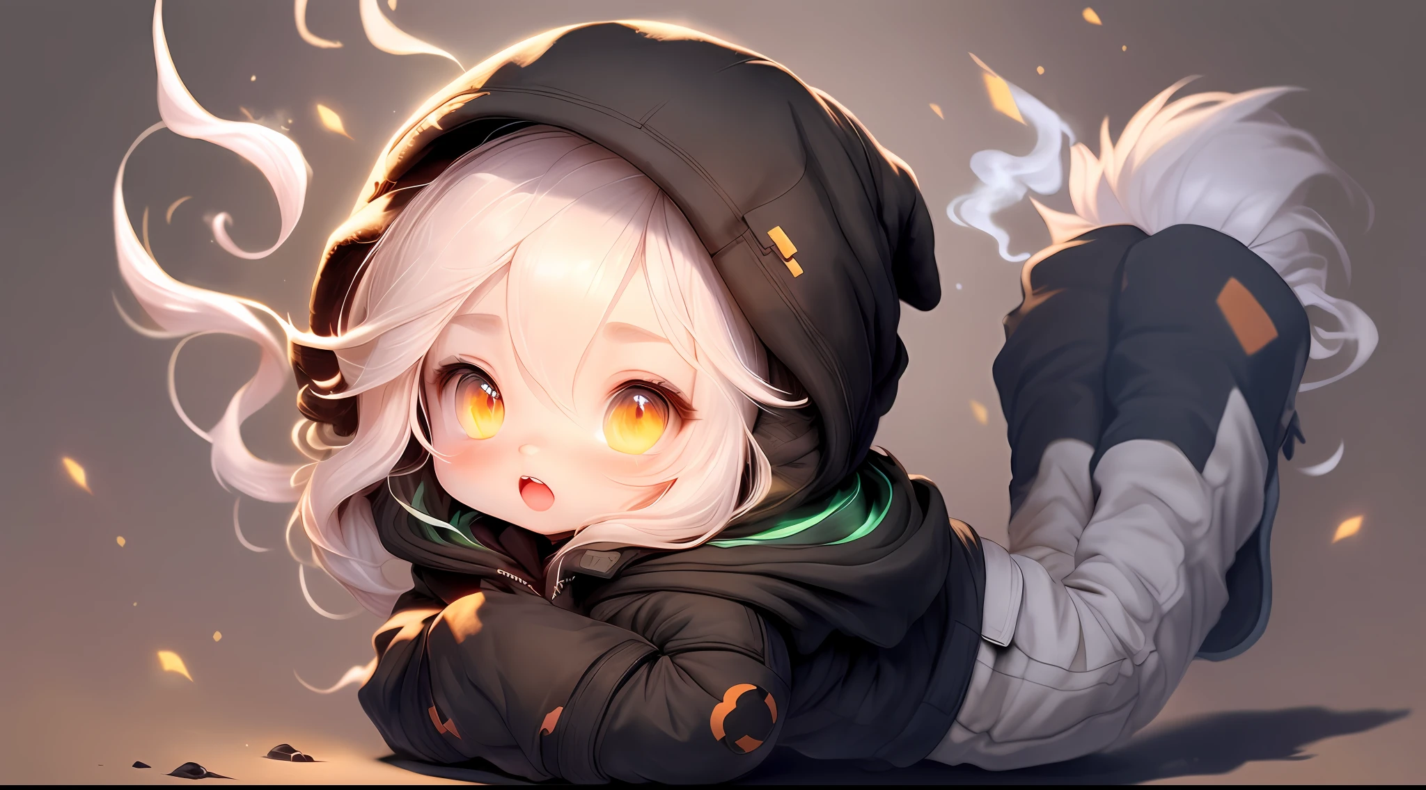 chibi,cute,simple background,1girl, solo, long_hair, looking_at_viewer, open_mouth, red_eyes, long_sleeves, jacket, full_body, white_hair, boots, hood, chibi, black_footwear, black_jacket, orange_eyes, colored_skin, hooded_jacket, cloak, abyssal_ship, smoke, hood_up, white_skin