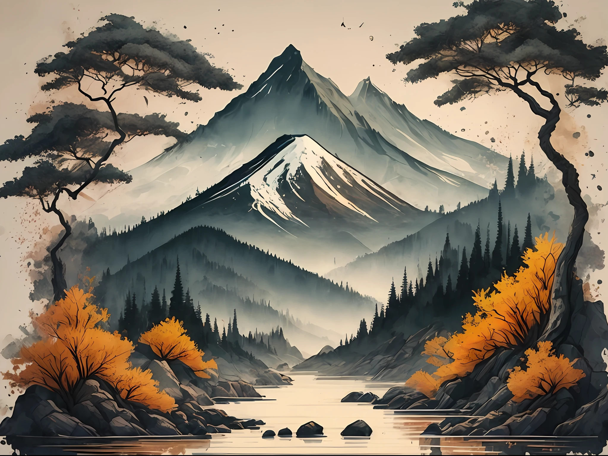 white background, landscape, paint, mountains, water, trees, t-shirt design, vector art