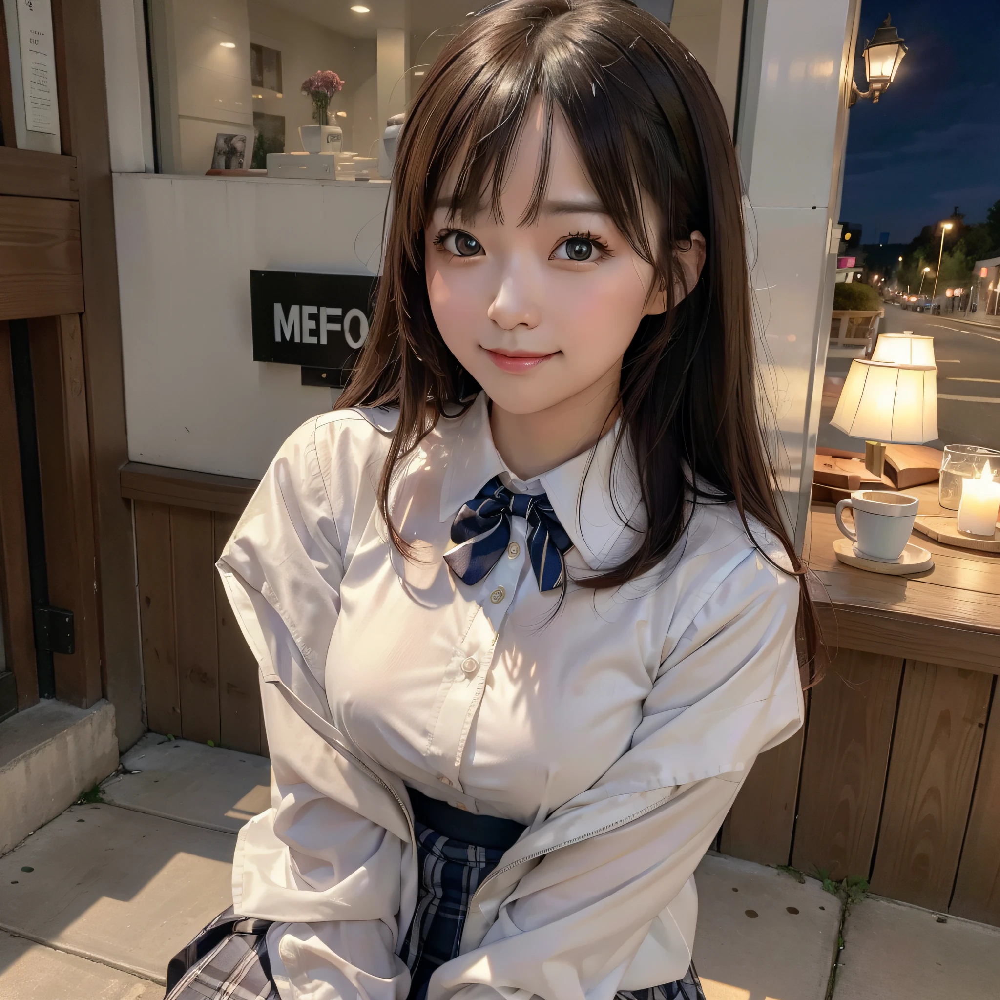 There is a woman who is on the street with a purse, petting white cat, Ulzzang, (8k, RAW photo, best quality, masterpiece: 1.2), (realistic, photo-realistic: 1.37), ultra-detailed, 1 girl, cute, solo, beautiful detailed sky, detailed coffee, night, sitting, dating, (flushed nose), (smile: 1.1), (closed mouth), medium breasts, beautiful detailed eyes, (collared shirt: 1.1), bow tie, pleated skirt,