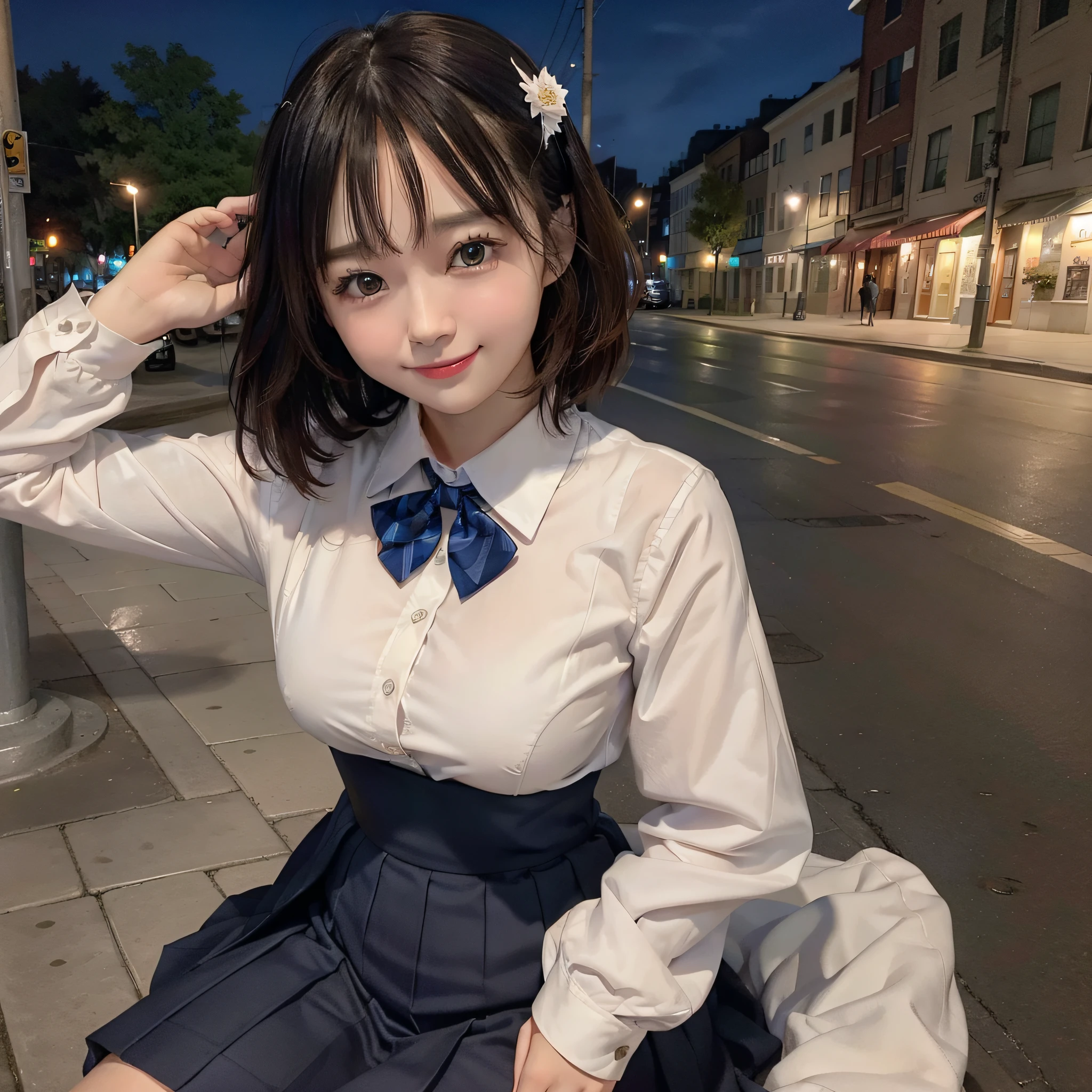 There is a woman who is on the street with a purse, petting white cat, Ulzzang, (8k, RAW photo, best quality, masterpiece: 1.2), (realistic, photo-realistic: 1.37), ultra-detailed, 1 girl, cute, solo, beautiful detailed sky, detailed coffee, night, sitting, dating, (flushed nose), (smile: 1.1), (closed mouth), medium breasts, beautiful detailed eyes, (collared shirt: 1.1), bow tie, pleated skirt,