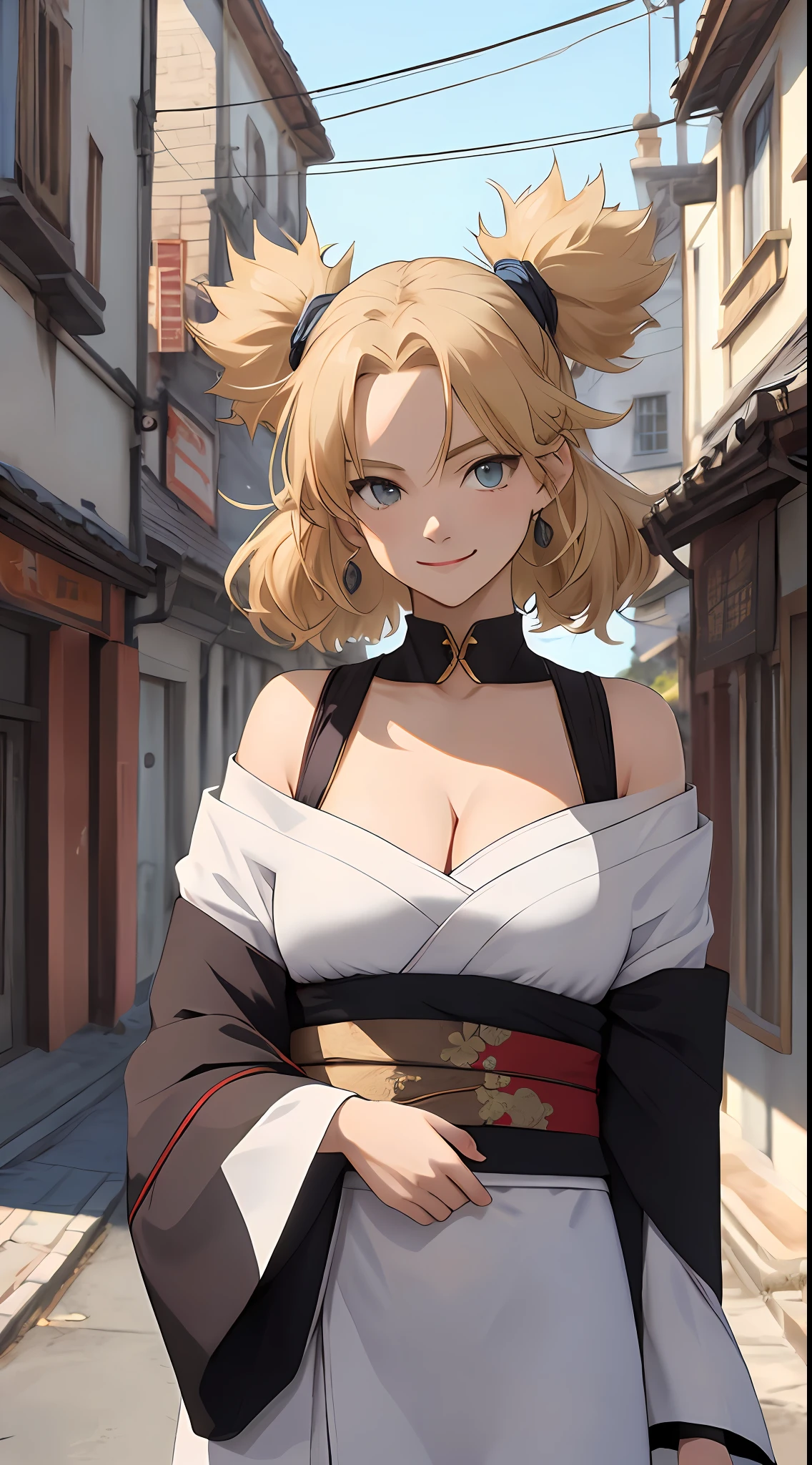 tmasterpiece， best qualtiy， ultra - detailed， TemariNS， solo， quad_coda， Small breasts， Forehead_Aegis， Japanese_clothes， perfect bodies， Off-the-shoulder attire，cleavage， ssmile， onthe mountain， Volumetriclighting， best qualtiy， tmasterpiece， Complicated details， Tone-mapping， tack sharp focus， ultra - detailed， Art Street is trending，Super big fan