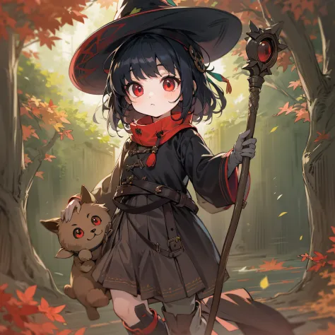 adolable，with short black hair，red color eyes，Wearing a witch hat，Wear a collar around the neck，holding a staff，Feet wear boots，young adorable，style of anime