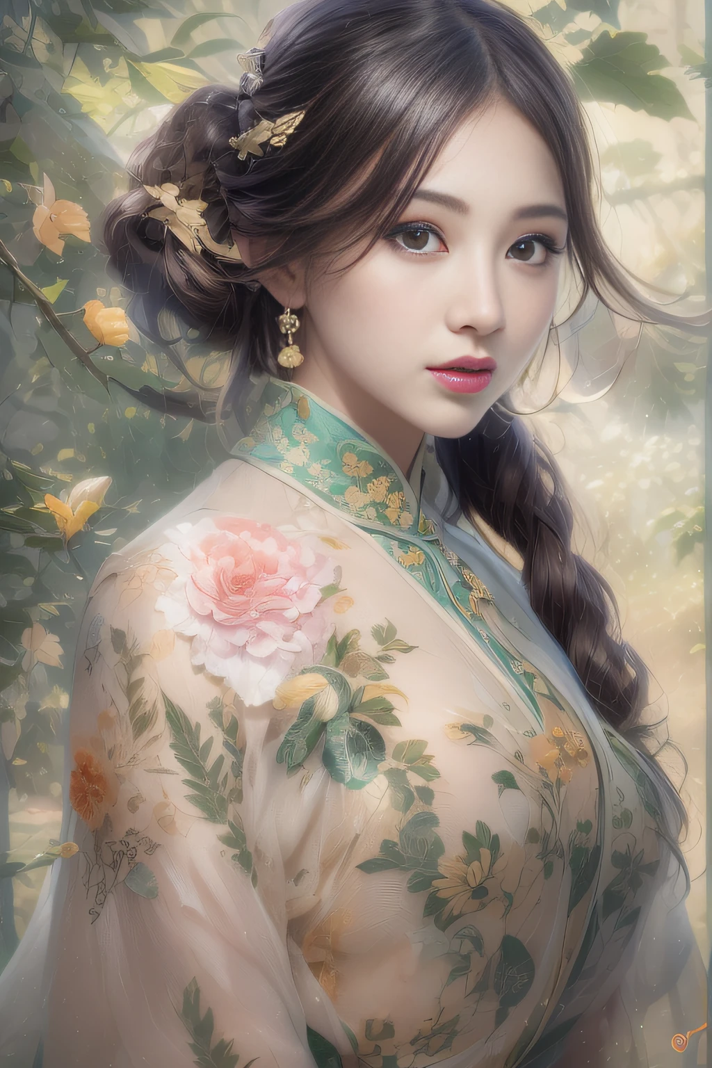 (surrealist), (illustratio), (A high resolution), (8K), (The is very detailed), (The best illustrations), (beatiful detailed eyes), (top-quality), (ultra - detailed), (tmasterpiece), (the wallpaper), (详细的脸),A photograph of a woman wearing a light green light green Ao Dai with a floral motif、top-quality、tmasterpiece、(hentail realism:1.2)