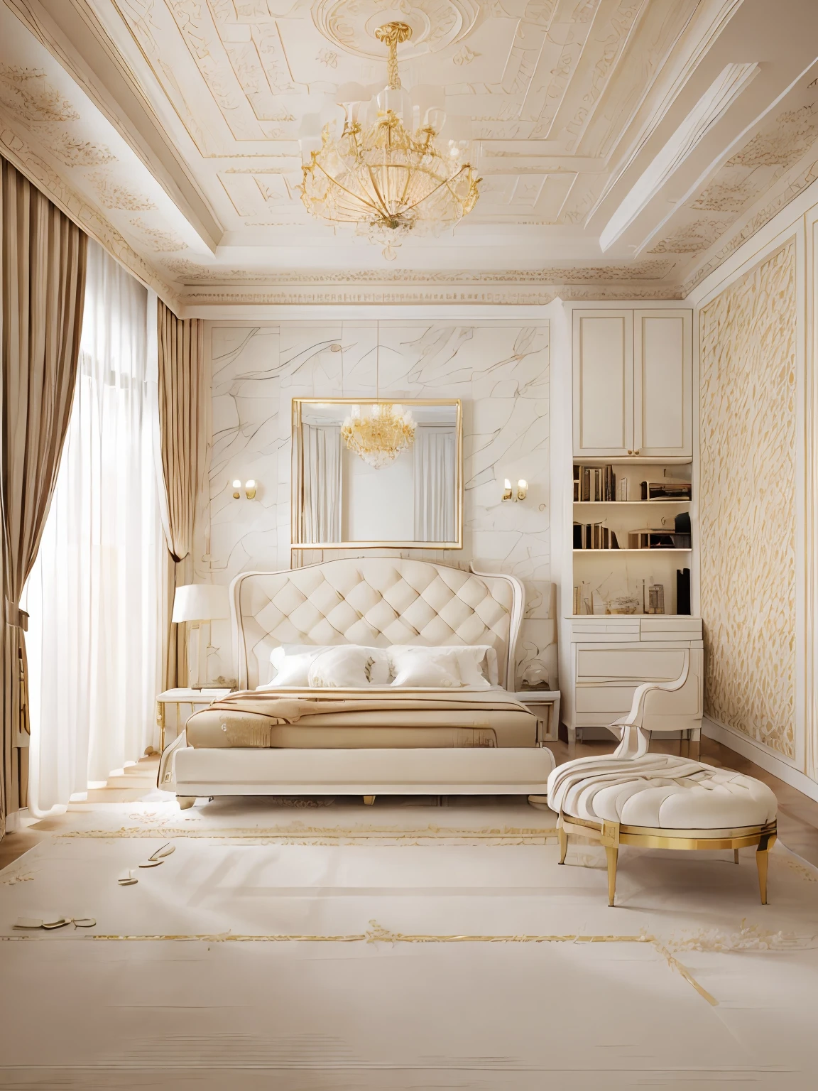 bedroom design neoclassical style, 1 bed upholstered in cream white leather, a square carpet, a dressing table with mirror, white and cream double-layer curtains, flat plaster ceiling running only, colored decorative stone tiles gold with yellow metal thread,  ((white rug:1.2)), ((whiten tone:1.2)), glossy marbel floor, whiten tone, (((warm light:1.1))) (((open pose:1.3)))