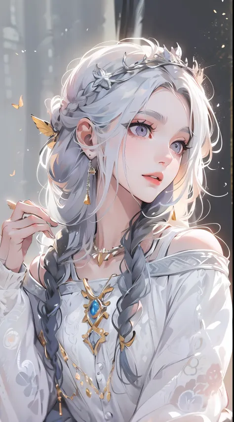 Best quality, highly detailed, masterpiece, ultra detailed, (reality: 1.2), 1 girl, (white background), simple background, delicate eyes, silver hair, purple eyes, hair_ornament, (white off-the-shoulder shirt: 1.3), long hair, pointy_ears, crown_braid, exp...