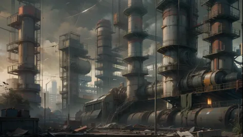 Large expanses of abandoned factories，Many chimneys，A large amount of industrial waste，Low saturation，Cinematic shot-style，illusory engine，trending on artstationh，No Man，4K hyper-detail，Doomsday atmosphere，Gloomy sky，There is no light
