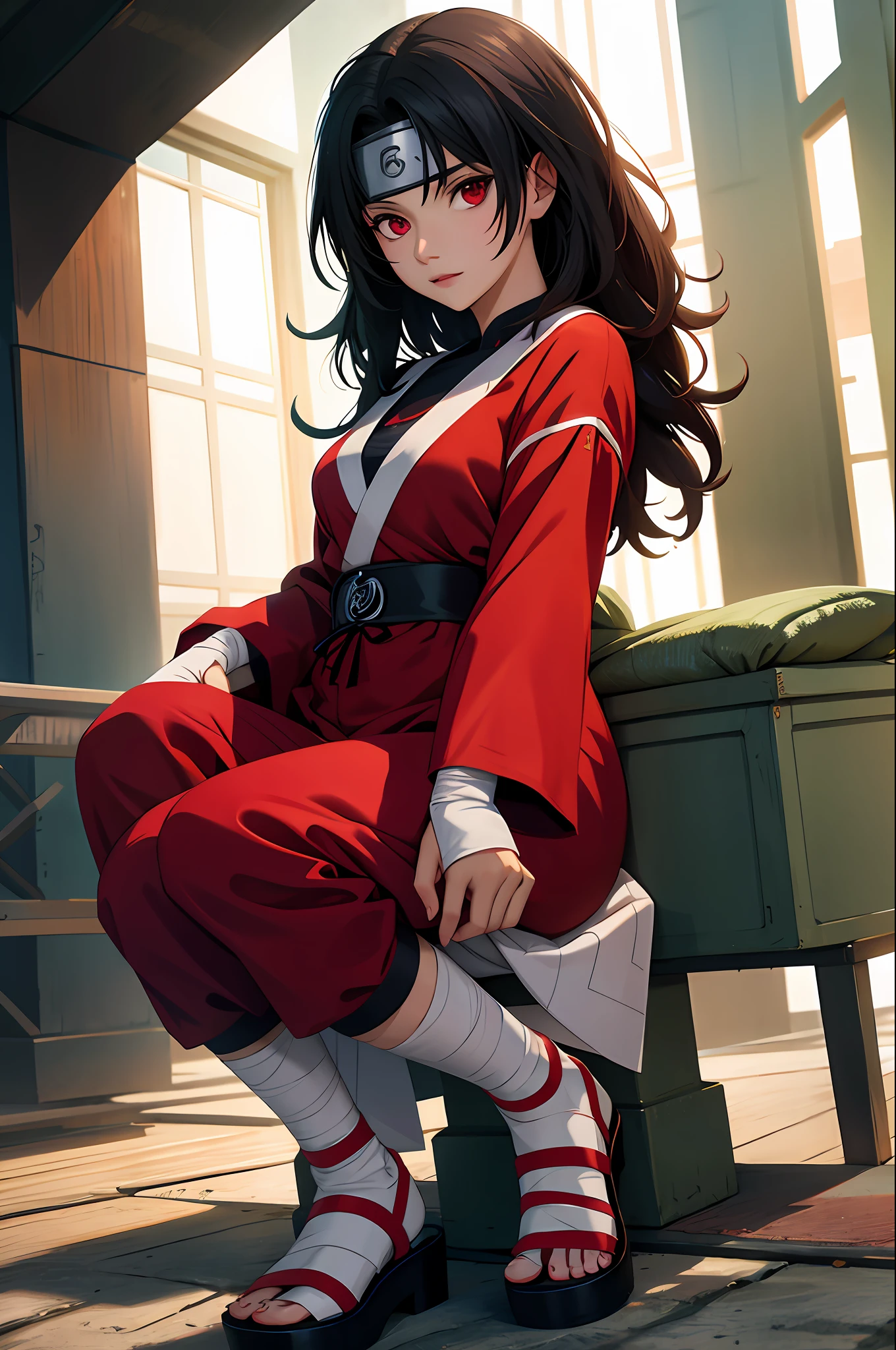 nar_kurenai_yuhi,forehead protector,bandages, full body,red eyes, wariza