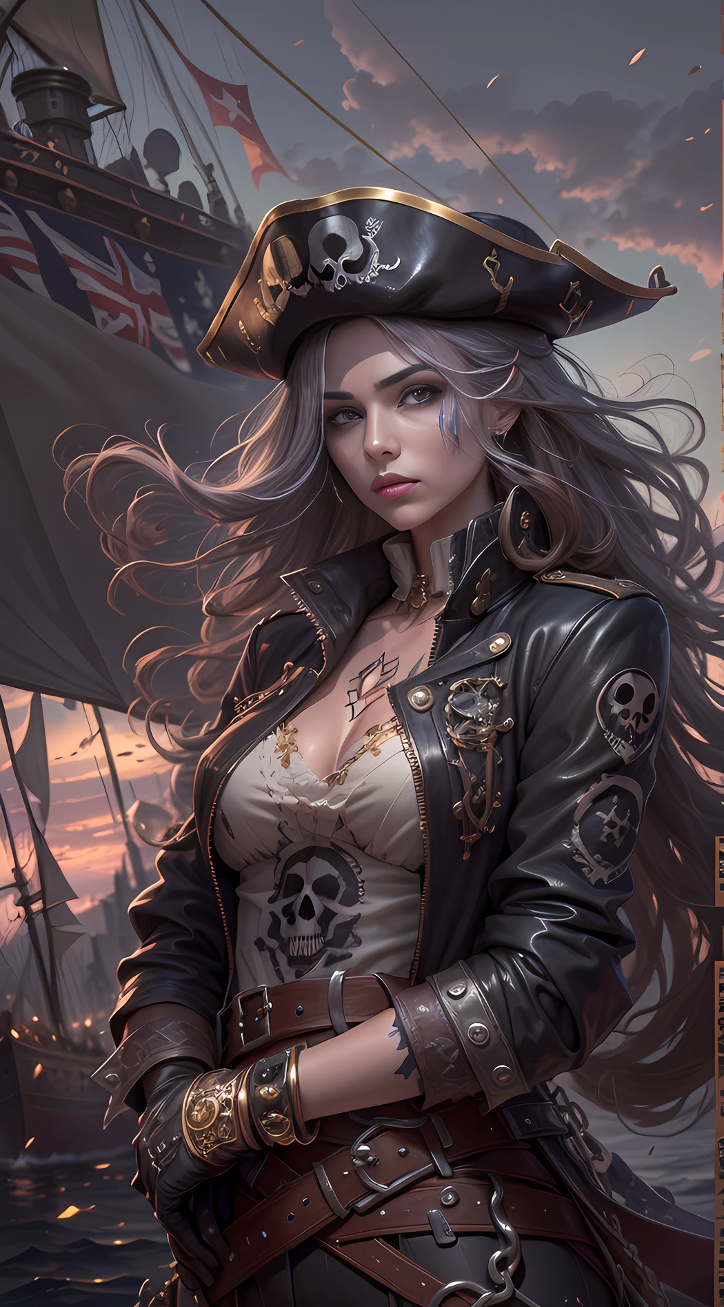 Full body, Top quality, intricate details , (fine skin, shiny skin, shiny hair, pale complexion), purple sky, golden time, sunset, sailing ship, pirate ship, ((skull mark on flag)), ambitious, seductive woman, gray hair, long hair, hair fluttering in the wind, scars on the cheeks, detailed tattoos, leather clothes, sleeveless clothes, leather coats, leather gloves, pure gold bangles, leather trousers, black trousers, pirate hat , hat with skull mark, (leather belt), look far away