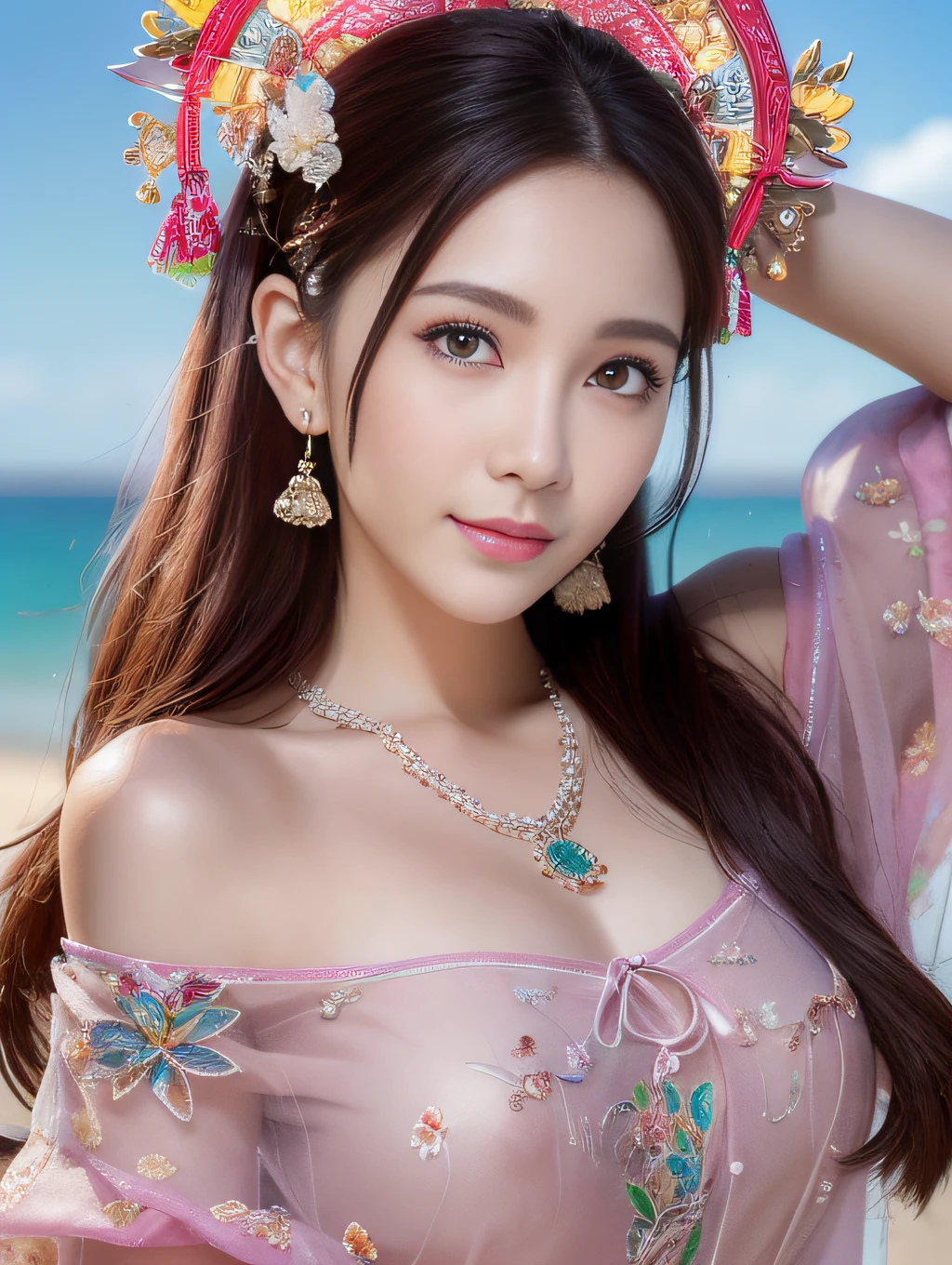 (best quality:1.1) ,(photorealistic:1.1), (photography:1.1), (highly detailed:1.1), looking at viewer,armlet, Jade bracelet, eyelashes, happy, medium breasts,beautiful detailed girl, (extremely detailed eyes and face), (lighting on face),necklace,Colorful clothes, [chinese clothes],[off shoulder], (solo:1.2), sandbeach,sand,Standing by the seaside, summer, (beautiful detailed sky),seethru,