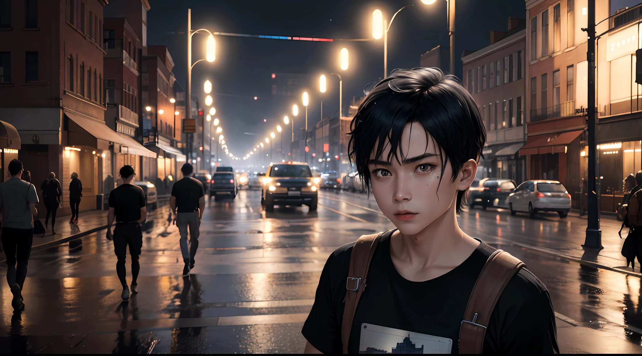 A boy with, college aged, 18yr old, black t-shirts, Look at your phone, Background with, the street, nigth, the street lights, Street lights。, Black hair, Short hair, mismatched pupils, serious, stereograms, 牛仔shot, in a panoramic view, hyper HD, retinas, A high resolution, Social realism, modern, Contemporary art, Constructivism, Action painting, Abstractionism, Chiaroscuro, Cinematic lighting, Masterpiece, ccurate, Anatomically correct, Textured skin, High details, 8K, Best quality, High quality, Super detail