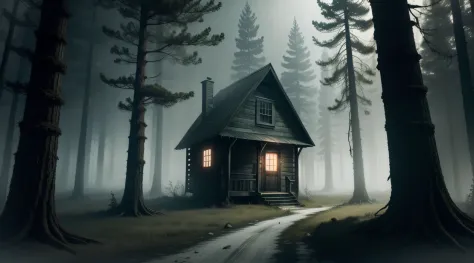 "Creepy cabin in a dark, eerie forest, Silent Hill style."