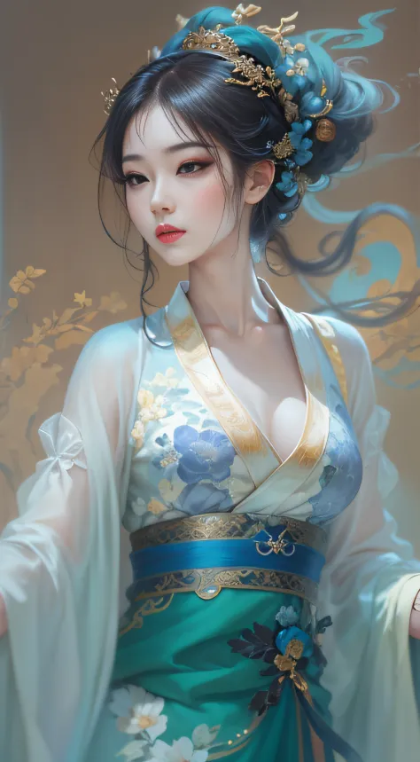 Longing woman posing for photo in blue and white dress, beautiful and seductive anime woman, a beautiful fantasy empress, Inspir...