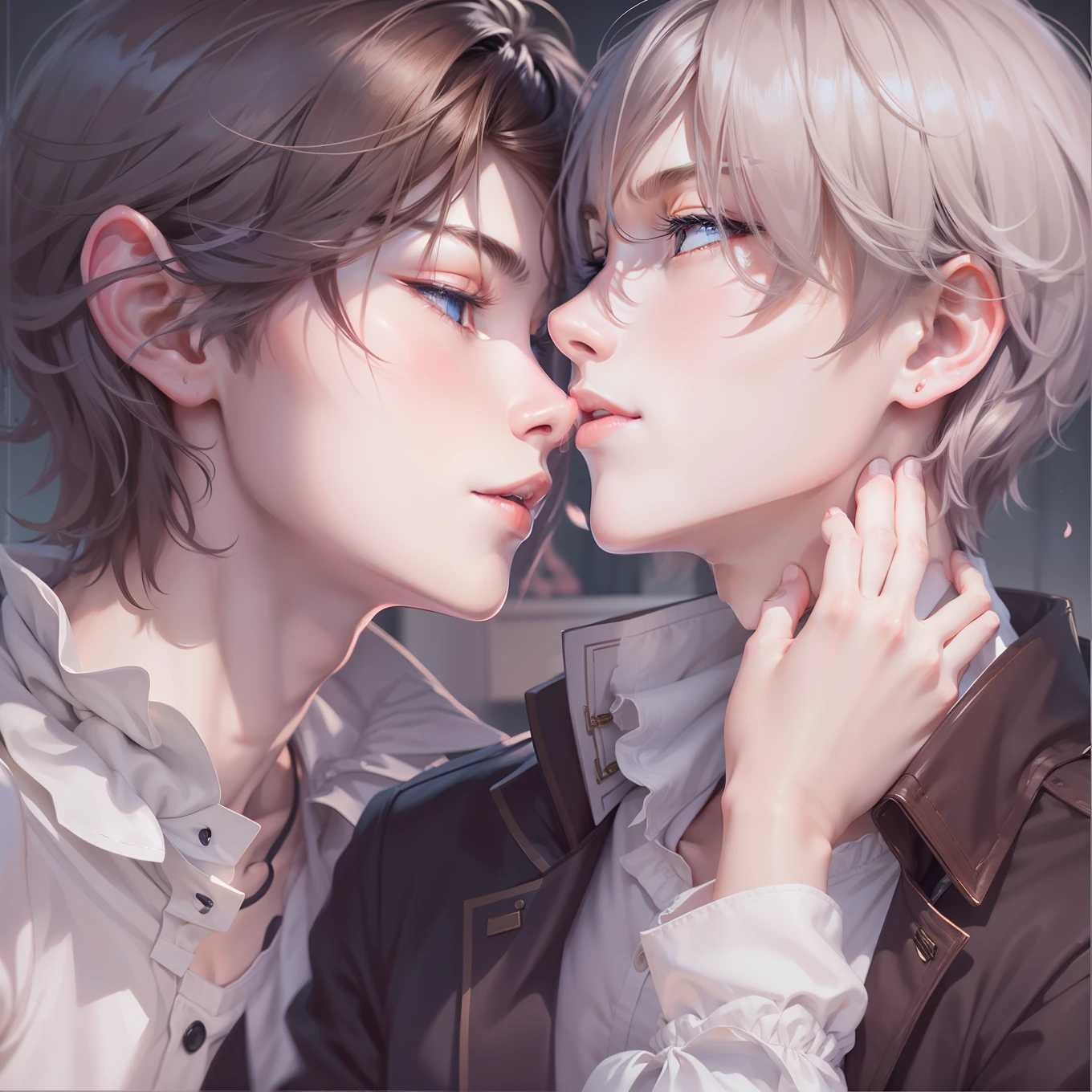 Ultra Detail,High quality,masutepiece,Yaoi,POV,Slender young man,Quote,Beautiful facial features。Enraptured face、with eyes half-closed、Stroking the face on the cheek immediately after the kiss,Looking at Viewer,2.