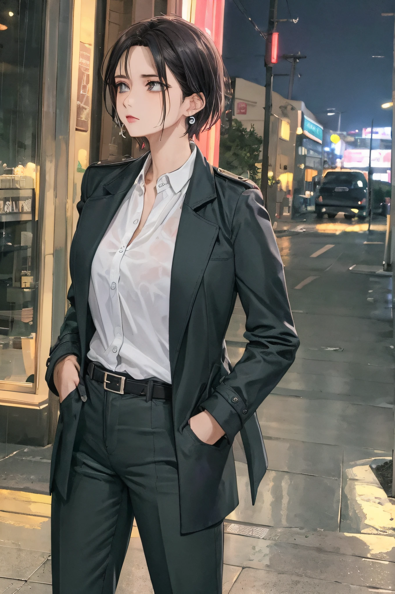 (Masterpiece:1.2), (Best quality:1.2), Perfect eyes, Perfect face, voluminetric lighting, 1girll, From above, top angle, Dramatic angle, mature female detective, Muscular, Hands in pockets, A MILF, Wet [Red|black] Hair, Short hair, Messy hair, pompadour cut, (long black trenchcoat), Buttoned shirt, Pants, belt, tiese, Concentration, Frowning, In the street, Tall building, Night, Neon signs, rain, grey sky, Dramatic lighting, lipstick, eye shadows, Thick eyelashes, Earrings