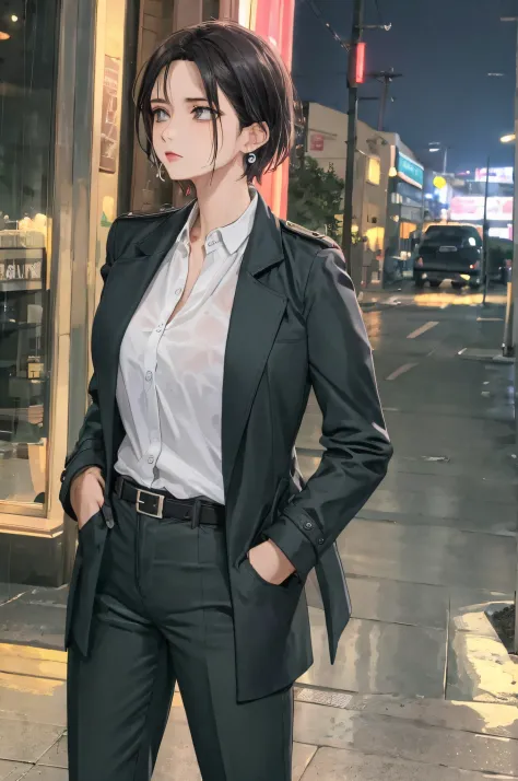 (Masterpiece:1.2), (Best quality:1.2), Perfect eyes, Perfect face, voluminetric lighting, 1girll, From above, top angle, Dramatic angle, mature female detective, Muscular, Hands in pockets, A MILF, Wet [Red|black] Hair, Short hair, Messy hair, pompadour cu...