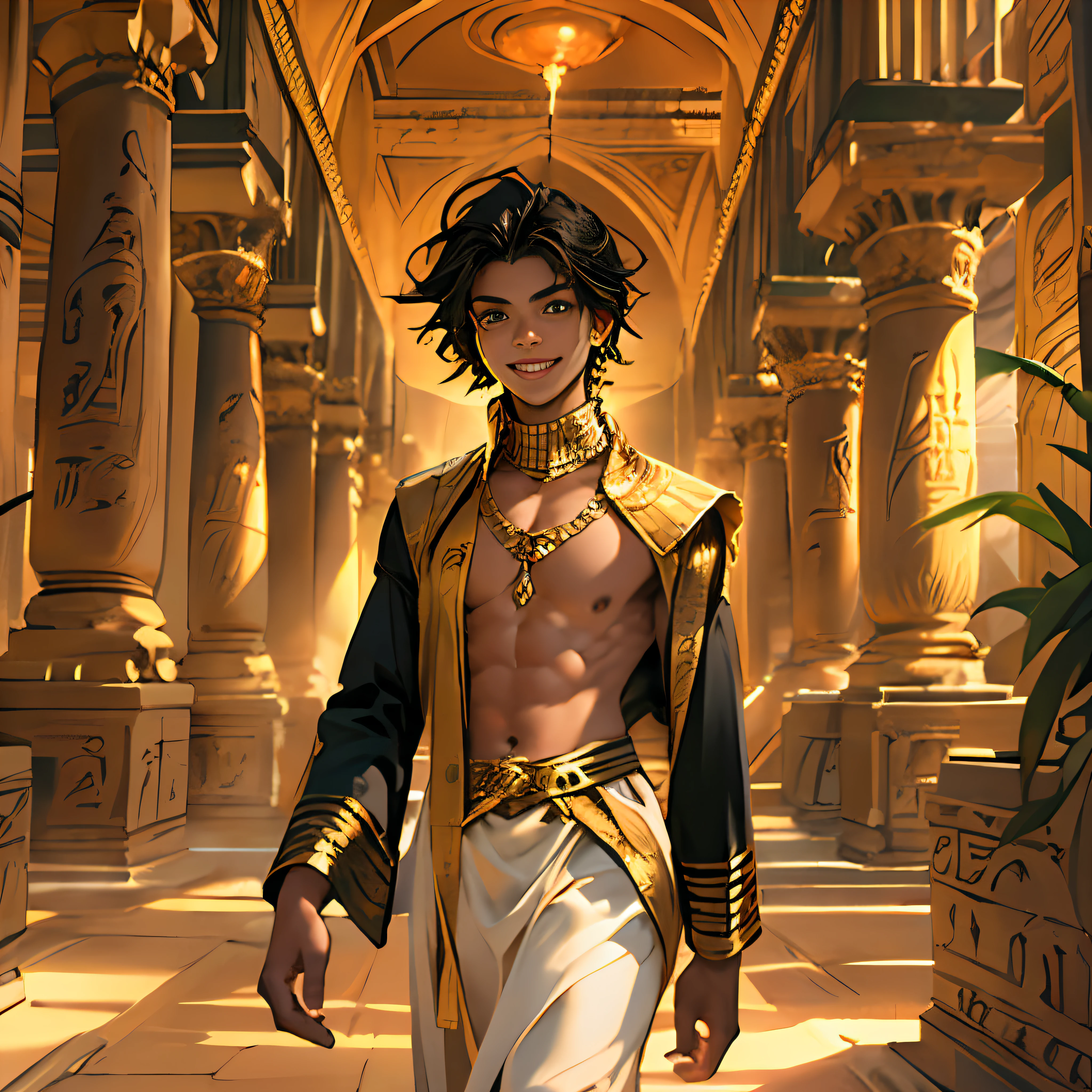 15-year-old boy walks smiling through the palaces of ancient Egypt black hair brown skin green eyes elegant black clothes with gold with bare chest wears red gold jewelry