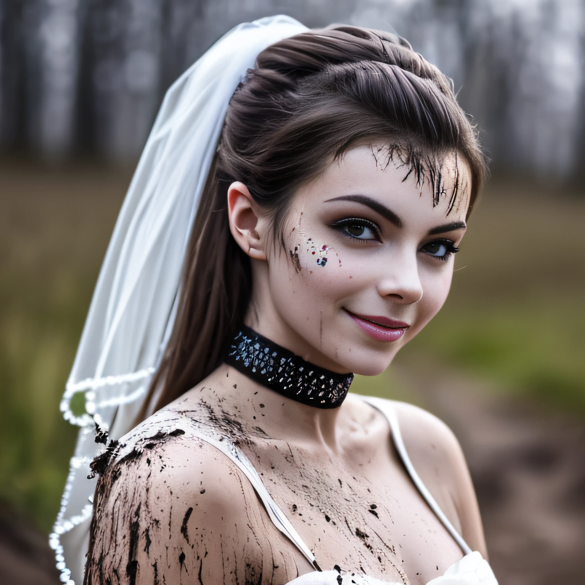 Hyperrealistic photograph of a woman in a white wedding dress splattered with mud, long white satin gloves, choker white dirty with mud, (Whole body view), der Schritt ist voller Schlamm, Schlammspritzer im Gesicht, das Gesicht ist mit Schlamm verschmiert, 30-year-old women bsmeared with mud, Lena meyer Landrut,schwarze lockige Haare mit Schlamm verschmiert, das Korsett ist mit Schlamm verschmiert, High quality, realistische Beleuchtung, Bildmitte, 8K, HDR, BDSM, medium breast size, lange Beine, professionelle Fotografie einer Frau, natural skin texture smeared with a lot of mud, 4K-Texturen, Adobe Lightroom, Fotolabor, HDR, kompliziert, elegant, sehr detailliert, scharfer Fokus, wahnsinnige Details, komplizierte Details, hyperdetailliert, Helles Kinolicht, Außenatmosphäre, Kinn hochgezogen, (exponierter Bauch: 1,8 ), Mund halb offen, smil