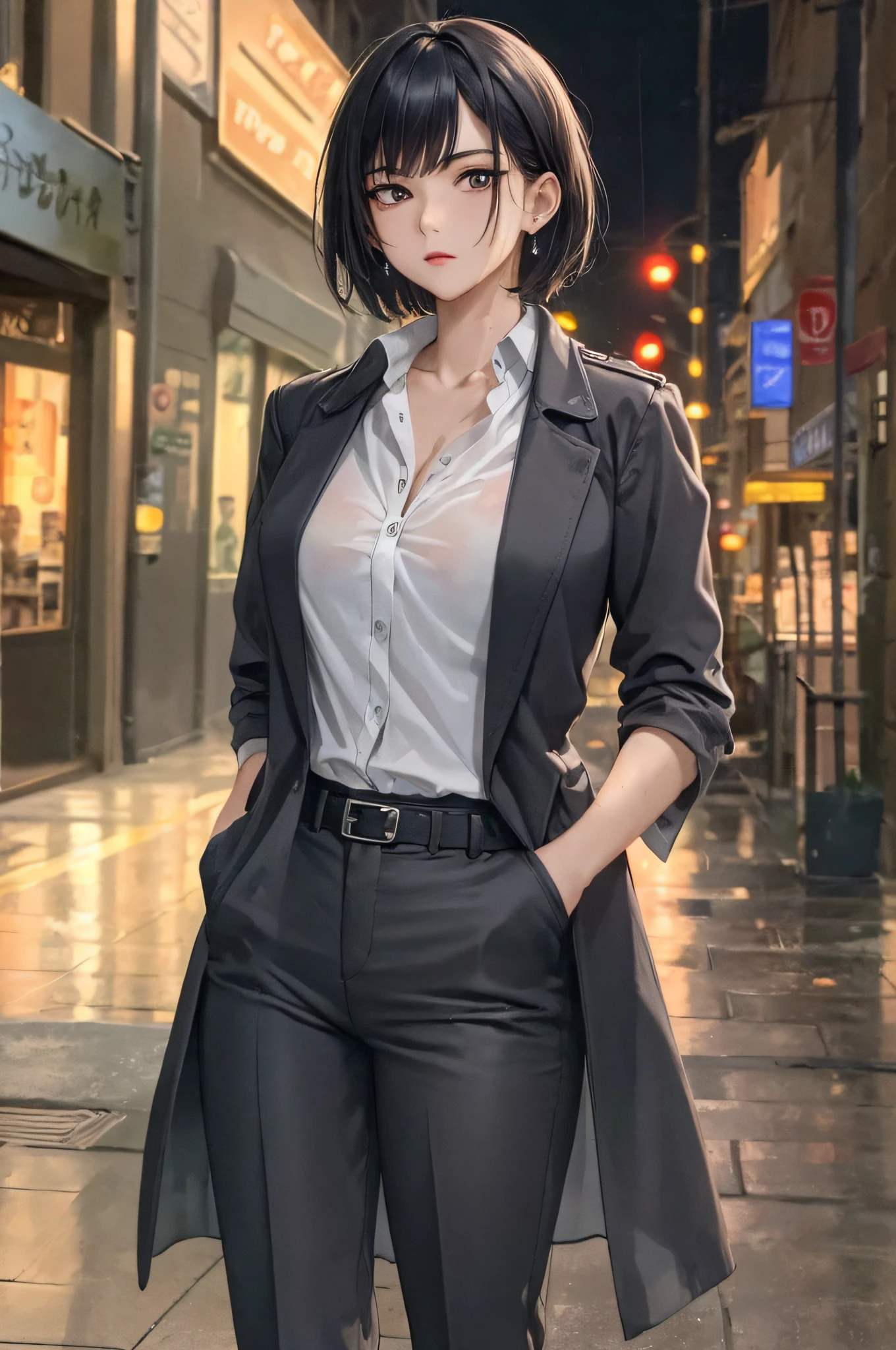 (Masterpiece:1.2), (Best quality:1.2), Perfect eyes, Perfect face, voluminetric lighting, 1girll, From above, top angle, Dramatic angle, mature female detective, Muscular, Hands in pockets, A MILF, Wet [Red|black] Hair, Short hair, Messy hair, pompadour cut, (long black trenchcoat), Buttoned shirt, Pants, belt, tiese, Concentration, Frowning, In the street, Tall building, Night, Neon signs, rain, grey sky, Dramatic lighting, lipstick, eye shadows, Thick eyelashes, Earrings