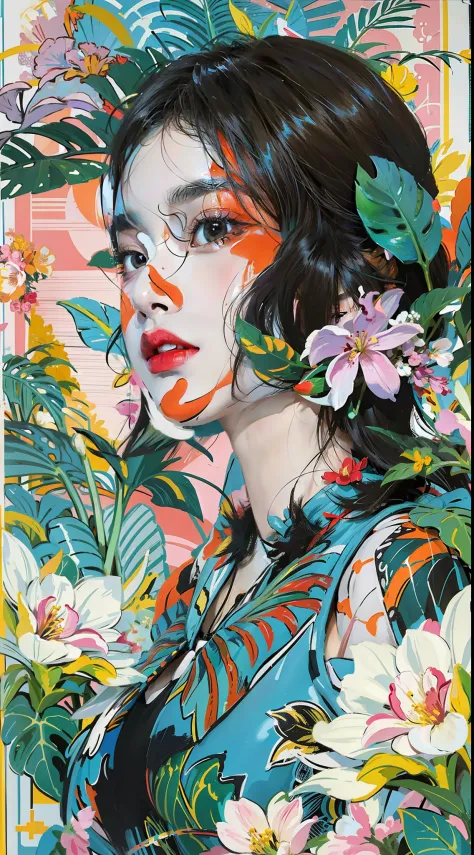 Create a digital art work in pop art style, featureing a vibrant and confident woman with bold makeup and colorfull fashion, cinematic color scheme, surrounded by vintage flowers patterns, energtic brushstrokes,the mood should be dynamic, upper body, drawi...