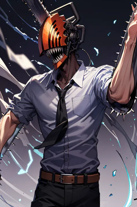 (masterpiece, best quality:1.2), cowboy shot, solo, male focus, 1boy, chainsaw man, chainsaw, sharp teeth, open mouth, tongue, collared shirt, black necktie, sleeves rolled up, black pants, belt
