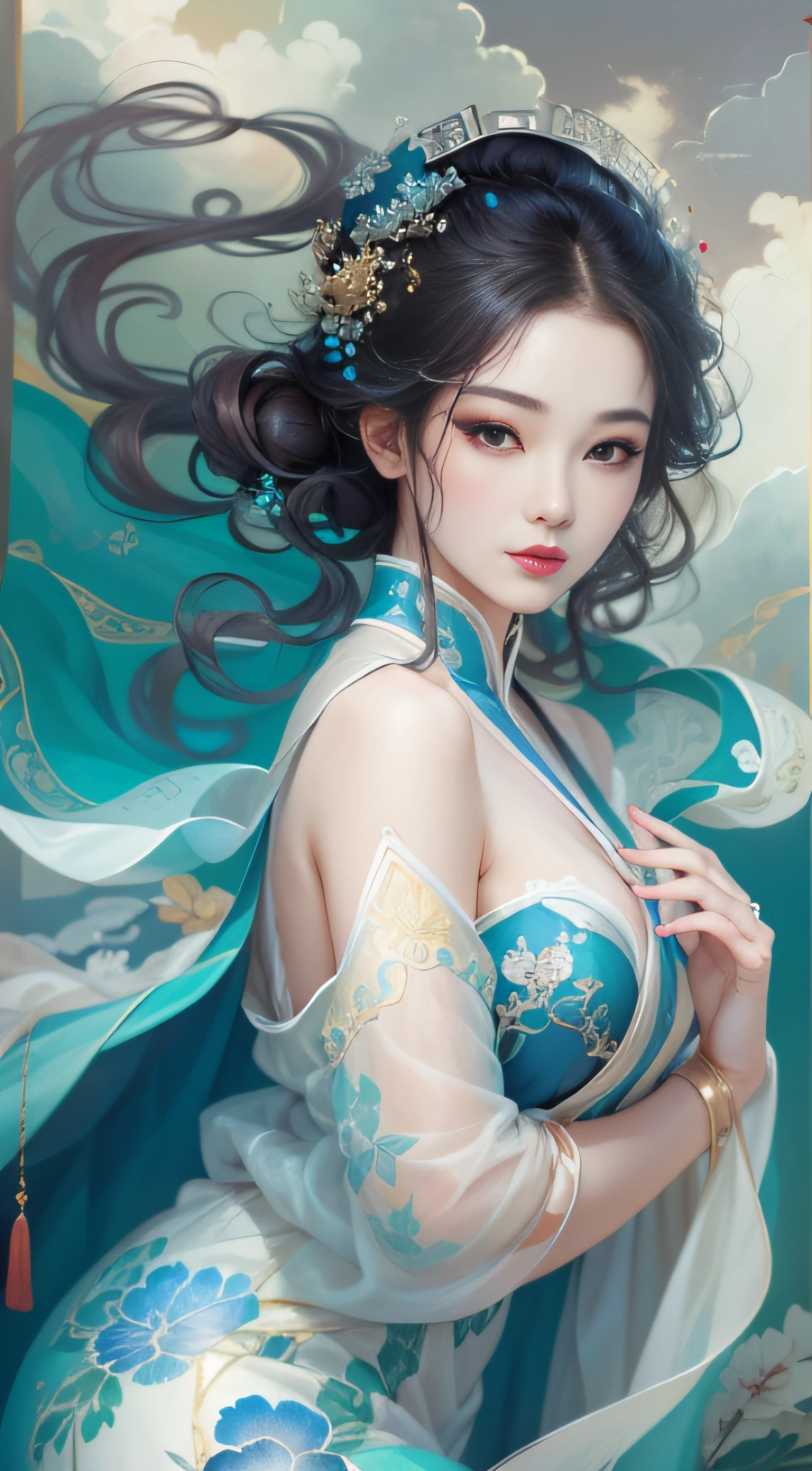 Longing woman posing for photo in blue and white dress, beautiful and seductive anime woman, a beautiful fantasy empress, Inspired by Fenghua Zhong, Beautiful character painting,，author：Qiu Ying, sensual painting, By Leng Mei, by Yang J, pinup art, Art germ. anime illustration, inspired by Chen Yifei, author：Chen Lin