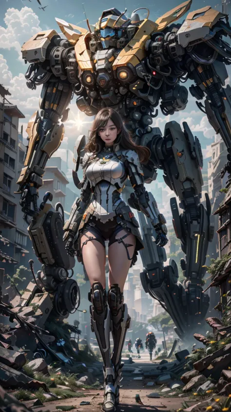 ((Best Quality)), ((Masterpiece)), (Very Detailed:1.3), 3D, Shitu-mecha, Beautiful cyberpunk woman with her black mech in the ruins of a city in the forgotten war, Ancient technology, HDR (High Dynamic Range), ray tracing, NVIDIA RTX, Super Resolution, Unr...