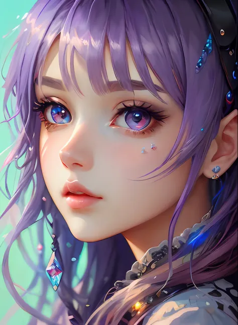 ((top-quality)), ((​masterpiece)), ((realisitic)), (detaileds),anime styled、 (1人の女性)Close up portrait of a woman with purple hair、Beautiful shining eyes, Like crystal clear glass、Casual clothing、4K high-definition digital art、stunning digital illustration、...
